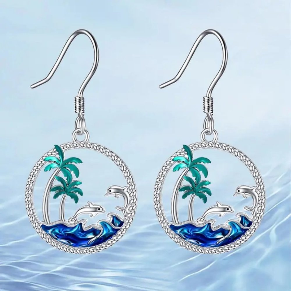 Dolphins and Palm Trees Dangle Earrings "NEW"